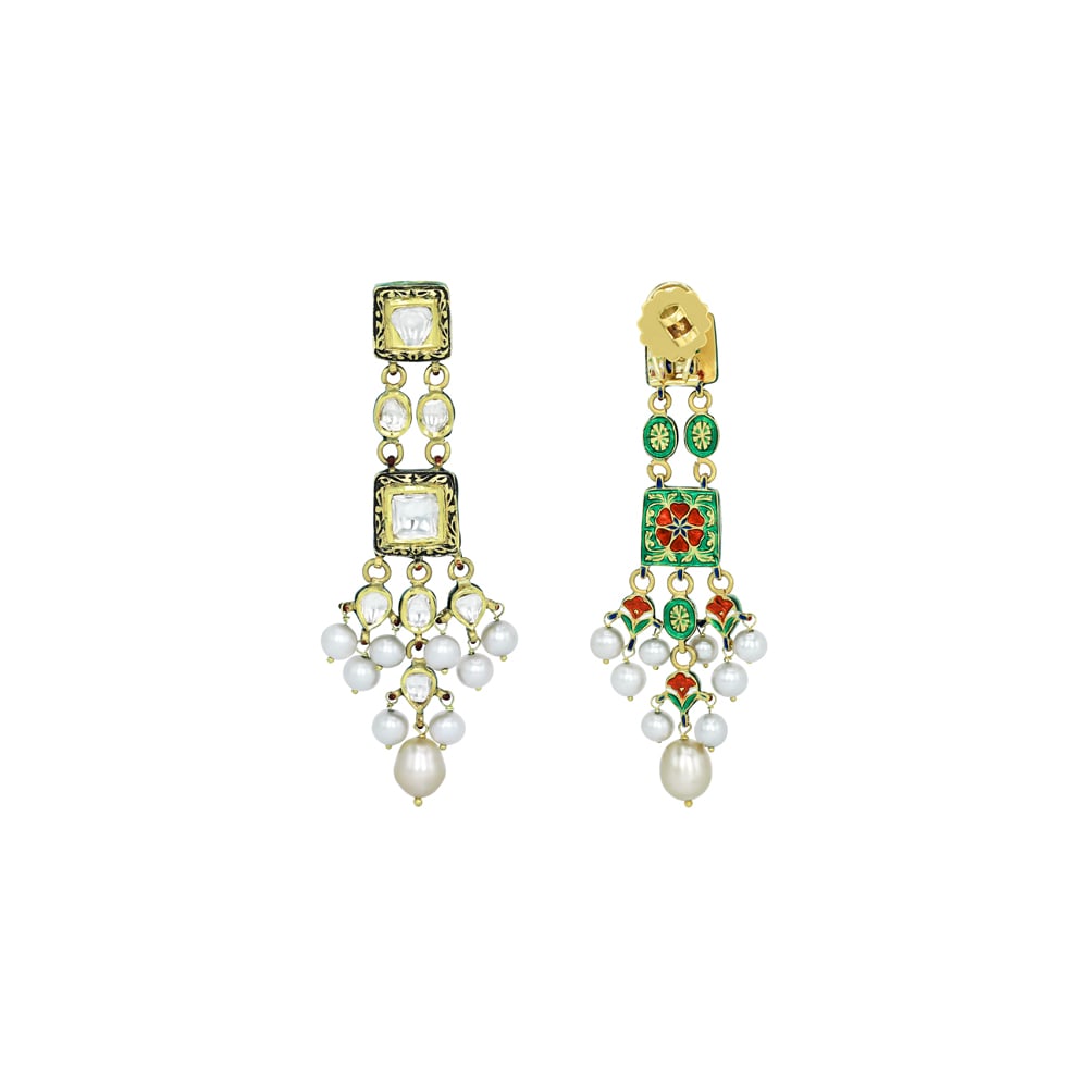 Square Polki Jadau Earrings with Partash Work and Pearl Clusters